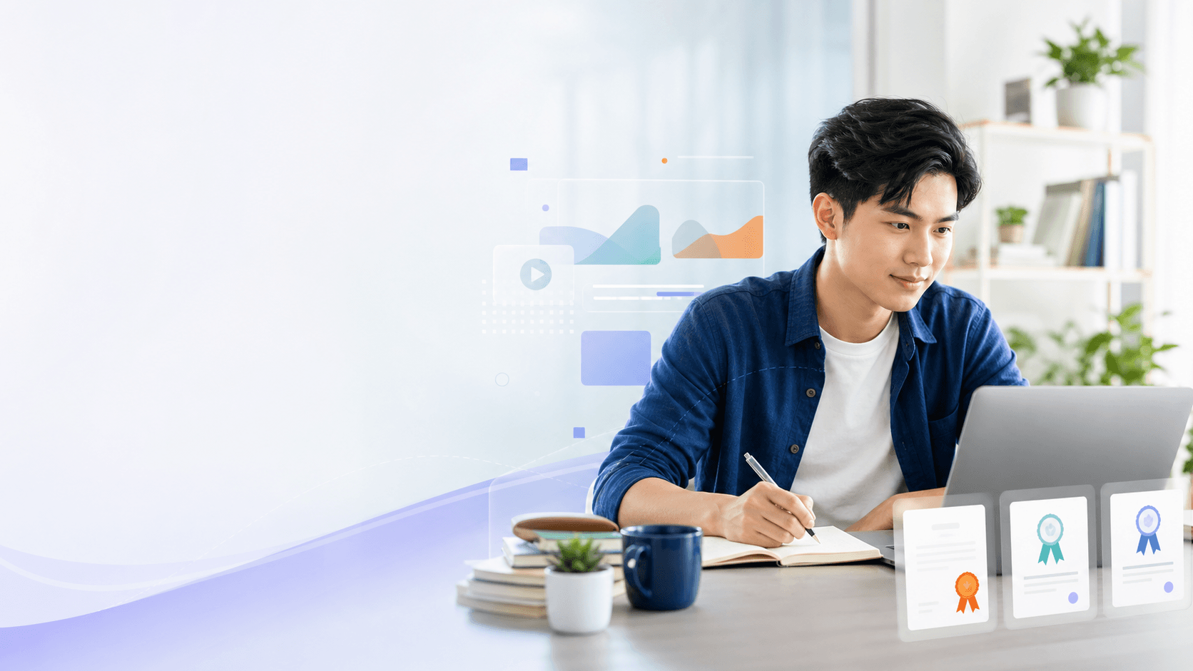 Học viên đang học online trên laptop và máy tính bảng